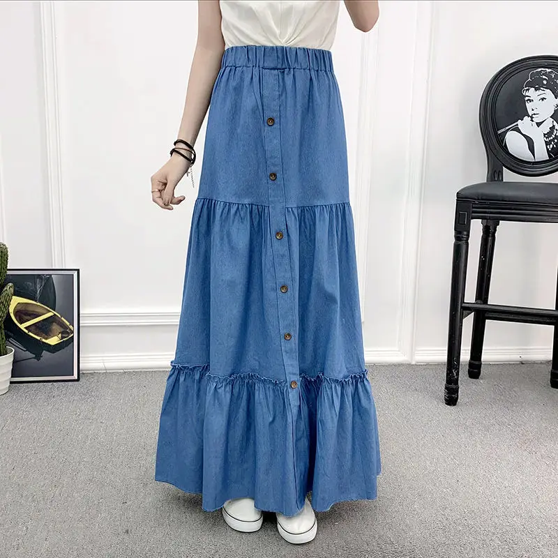 

90cm Length Denim Skirts Womens 2024 Spring Elastic High Waist Button Shirring Patchwork Ruffle Long Maxi Skirt Beho Jeans Falda