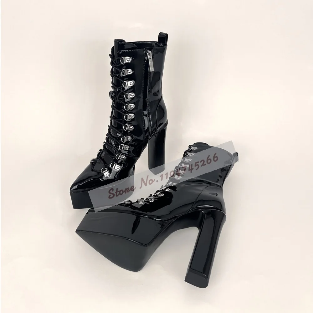 

Черные блестящие ботильоны из лакированной кожи на массивном каблуке, ботильоны в стиле панк на платформе с острым носком, модельные туфли с металлической пряжкой и перекрестной завязкой