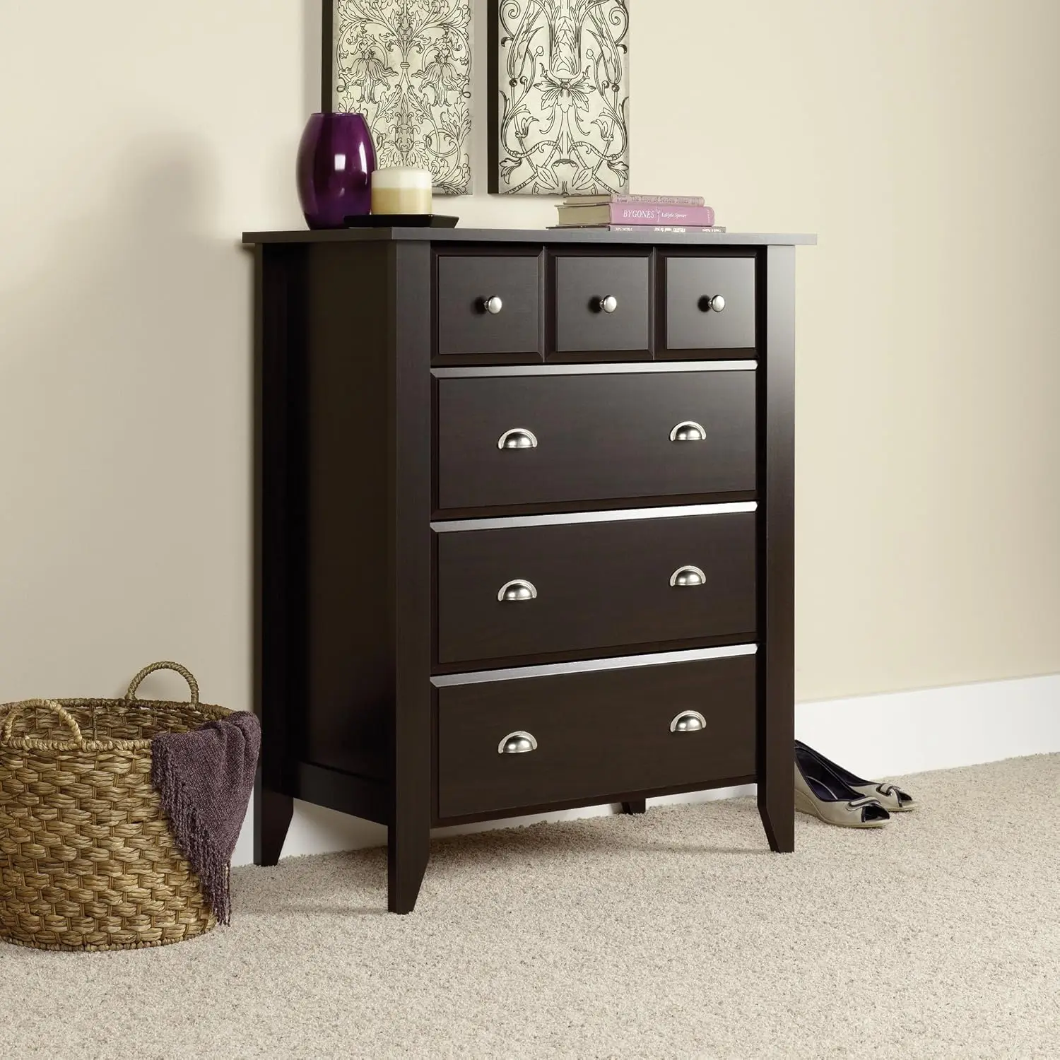 Shoal Creek 4-Drawer Chest, Jamocha Wood finish storage organizer