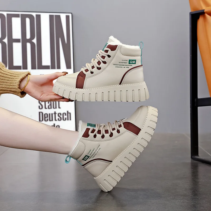 

Women's Boots 2025 Winter New High Top Women Plush Warm Student Cotton Shoes Thick Soled Lace Up Height Increasing Cotton Boots