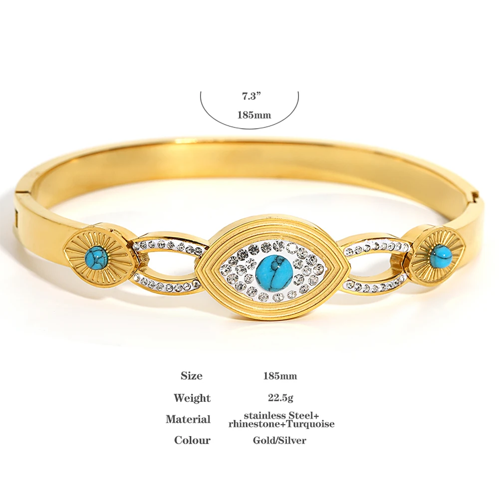 Grreatera Turkish Evil Eye Stainless Steel Bangles Bracelets for Women Gold Plated Natural Stone Charm Waterproof Jewelry