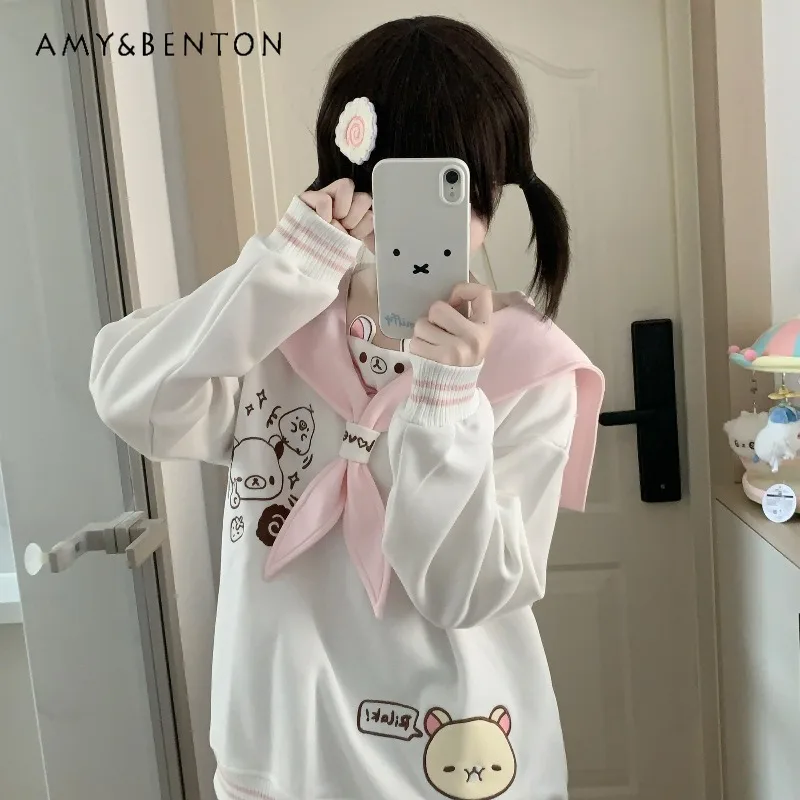 Cute Girl Cartoon Embroidery College Style Sweet Navy Collar Patchwork Color Oversized Loose Casual Sweatshirt Women Autumn New