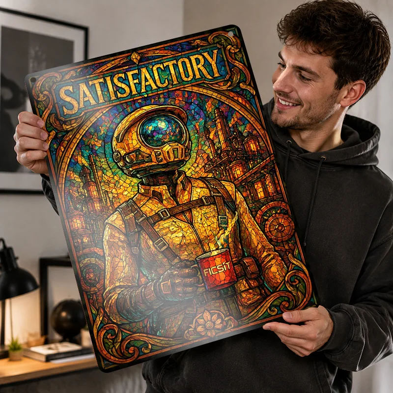 Satisfactory 2 Aluminum Posters Personalized Metal Tin Sign Dark Adventure Graphic Wall Art Perfect For Arcade Room And Players