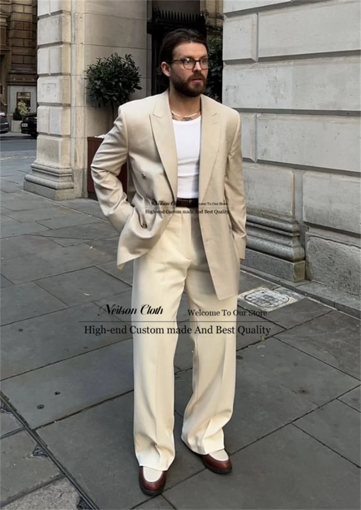 

Korean Peaked Lapel Male Prom Blazers 2 Pcs Jacket Pants Sets Double Breasted Men Suits For Wedding Casual Loose Costume Homme