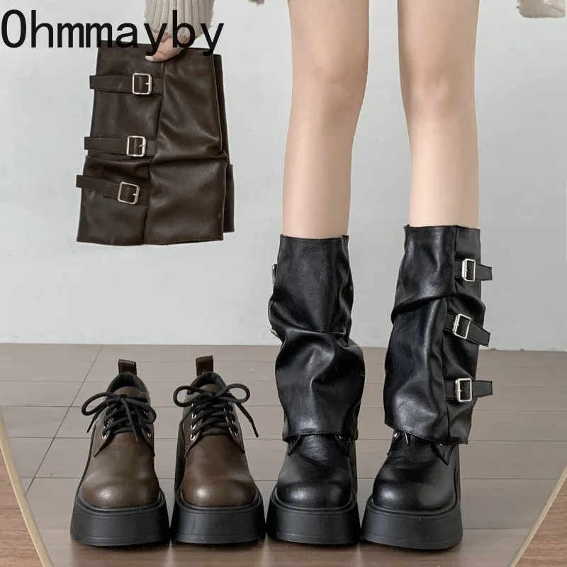 الخريف الشتاء منصة سميكة وحيد النساء الأنابيب الأحذية موضة الانزلاق على فستان أحذية السيدات أنيقة الارتفاع زيادة منتصف العجل الجوارب