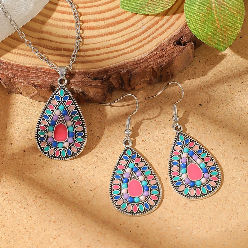 Bohemian Water Drop Earrings Necklace Set for Women Vintage Elegant Drop Oil Rice Bead Ethnic Vacation Party Jewelry