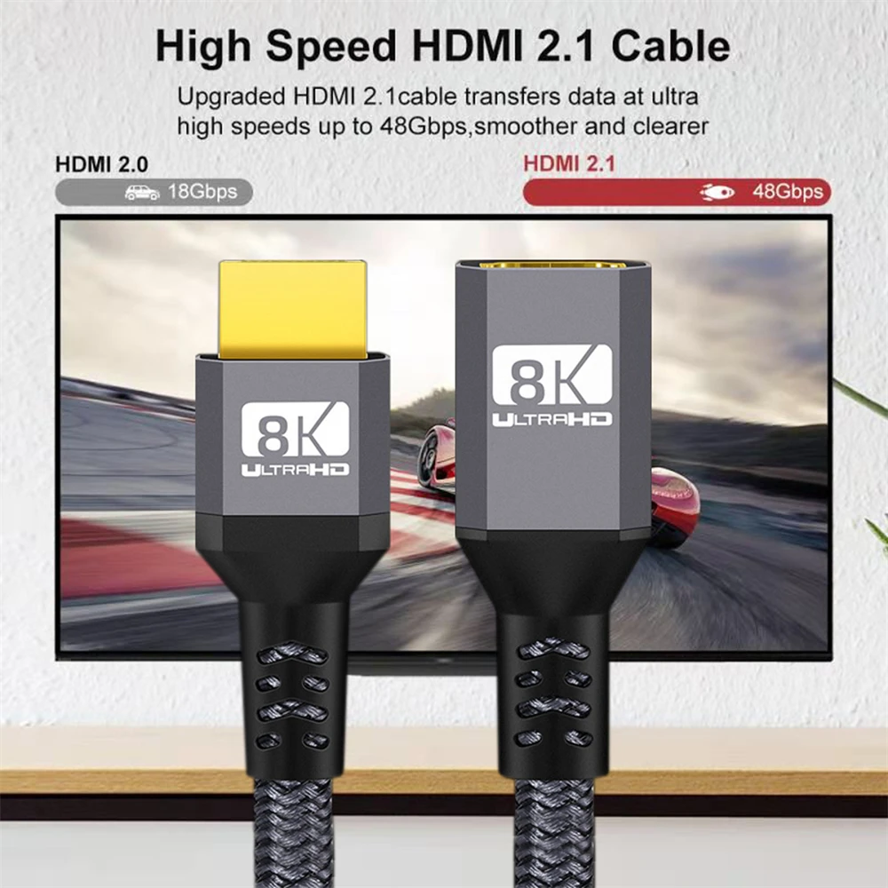 Cablecc HDTV 2.1 سلك مع كابل تمديد صوت ثلاثي الأبعاد UHD 8K ذكر إلى أنثى 8K 60hz 4K 120hz لمراقبة الكمبيوتر