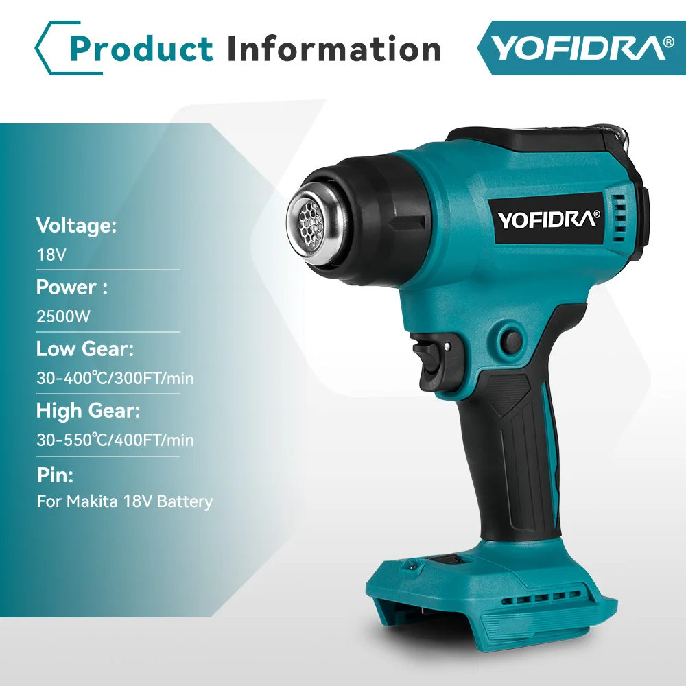 Yofidra 550℃ Hot Air Gun 2 Gears Adjustable LED Display Cordless Rechargeable Industrial Home Tools For Makita 18V Battery