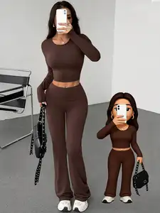 Brown Women's 2-Piece Long Sleeve Crop Top & High Waist Pants Set, Casual Streetwear for Daily, Autumn