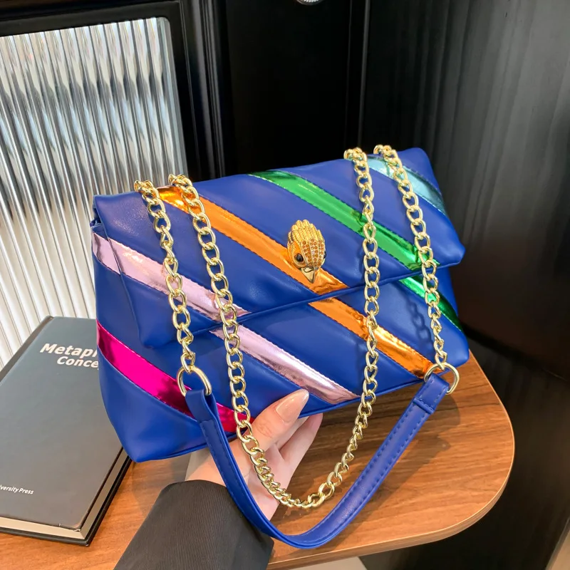 2024 New Summer Women\'s Bag with Colorful Strip Chain Bag, Simple and Fashionable One-shoulder Cross-body Eagle Head Bag