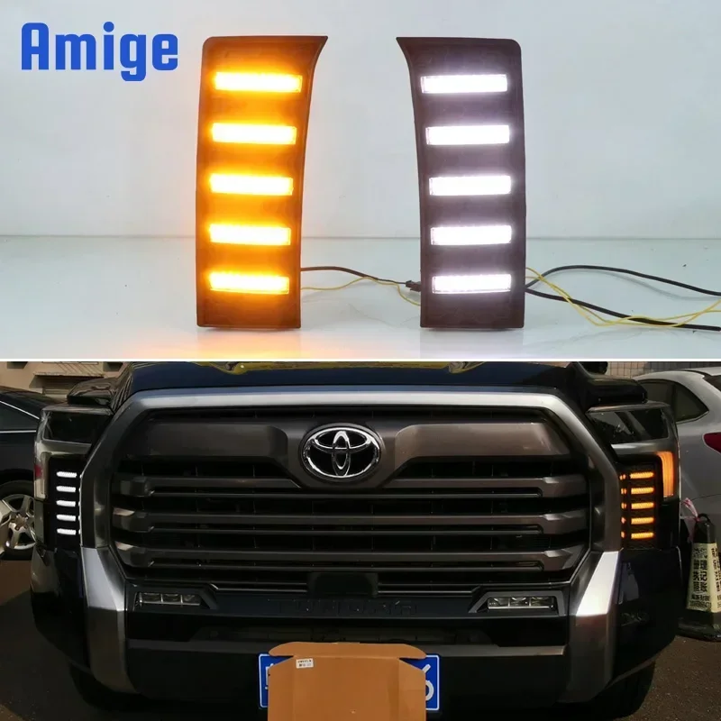 

Car LED DRL 12V Daylights For Toyota Tundra 2022 2023 Yellow Turn Signal Daytime Running Headlamps Auto Driving Lamp Foglamps