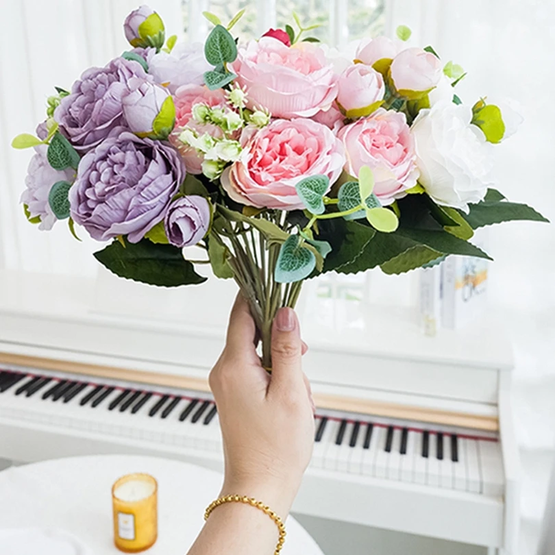

10Pcs Silk Roses Artificial Flowers Peony Outdoor Wedding Wreath Bridal Bouquets Festival Decor Home Room Diy Table Centrepieces