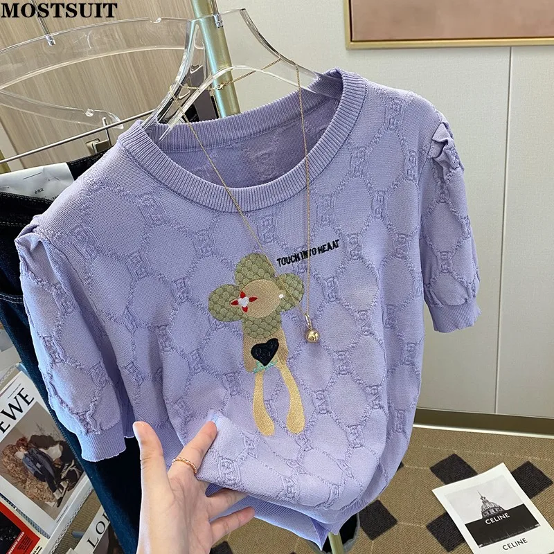 Summer Cartoon Embroidered Women Pullover T-shirt Sweet Fashion Chic Sweaters Tops Short Sleeve Loose Female Casual Knitwear