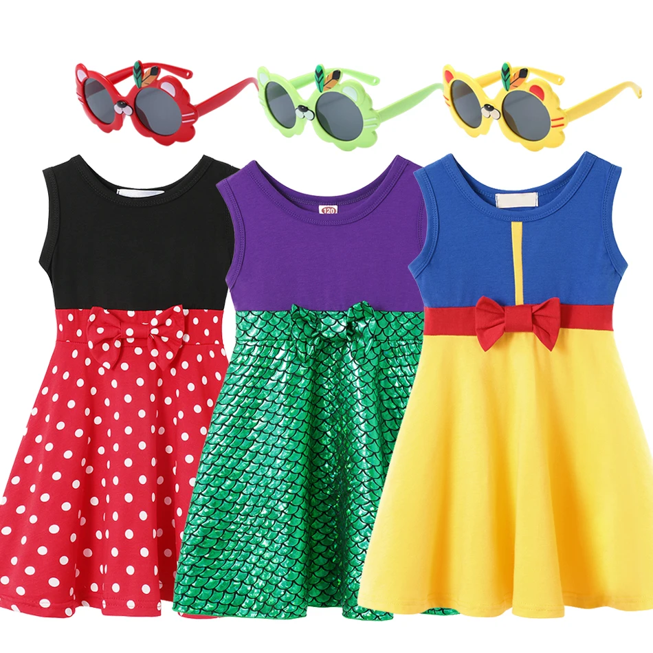 

Summer Girls Ariel Princess Dress Disney Snow White Princess Daily Casual Clothes Kids Cotton Birthday Children Costume