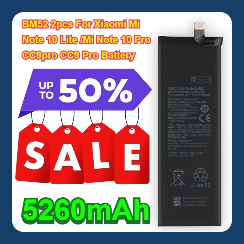 BM52 2pcs For Xiaomi Mi Note 10 Lite /Mi Note 10 Pro / CC9pro CC9 Pro 5260mAh Battery
