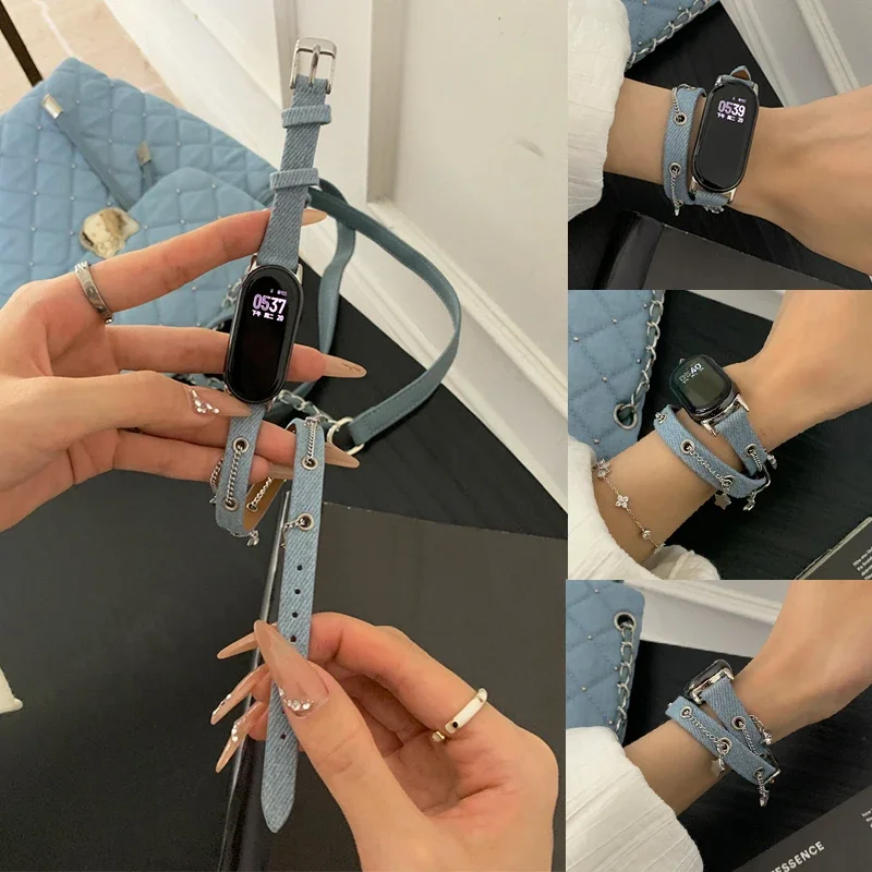 Metal Star Rivet Long Bracelet for Xiaomi MiBand 9 8 Correa Slim Double Loop Strap for Miband 7 6 5 Correa Replacement Wristband