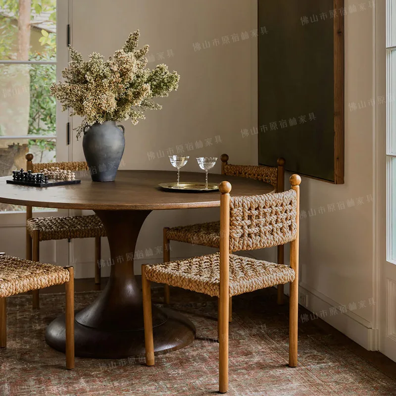 

Grass rattan dining chair armrest antique solid wood home dining room chair rattan French weaving retro B & B