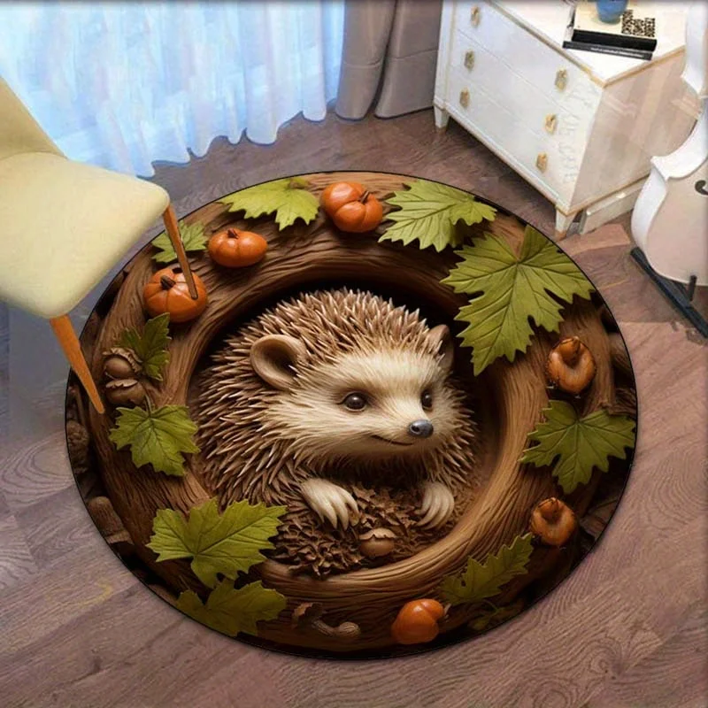 Hedgehog Autumn Leaves Round Rug Nature Forest Theme Kids Room Decor Cozy Home Floor Mat Crystal Velvet Carpet