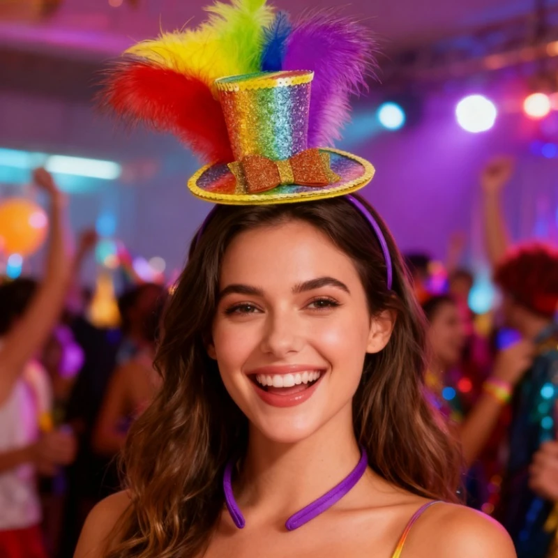 

Carnival Headwear Sparkling Rainbow Feather Headband Top Hat Design