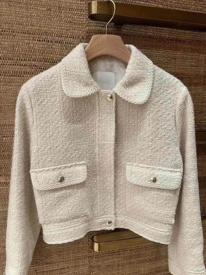 الرجعية محبوك تويد سستة ort دعوى Jaet SD المنزل خريف 2024 معطف بياقة بيضاء مستقيم قطع القطن طويل Sve لون نقي #5