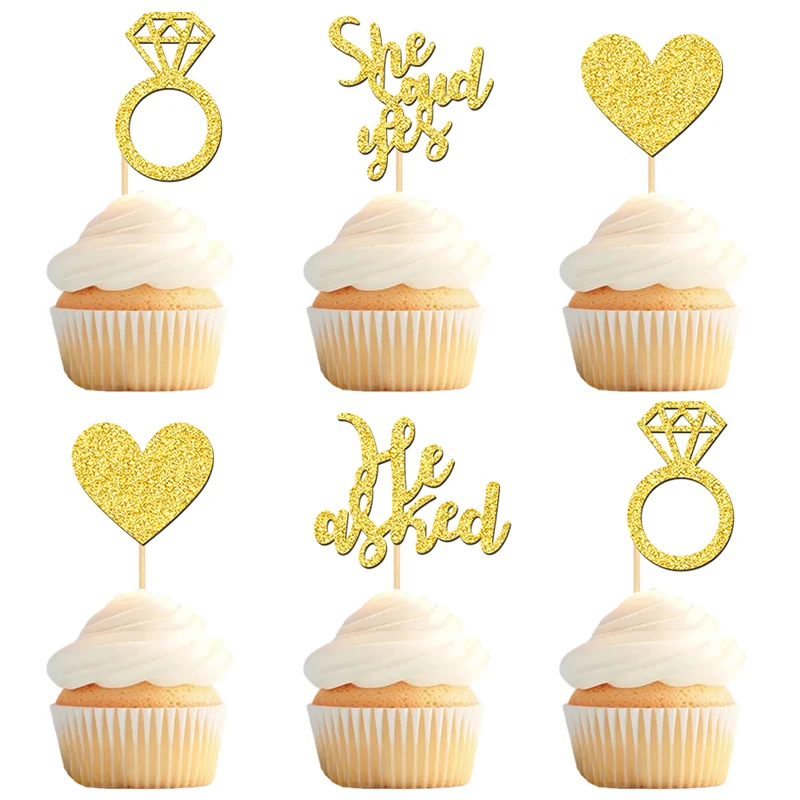 YOMDID 24 Stück Glitzernde Kuchenaufsätze „He Asked She Said Yes“, Cupcake-Aufsätze, Bambus-Cupcake-Dekorationen für Hochzeit, Verlobung – Detail 7