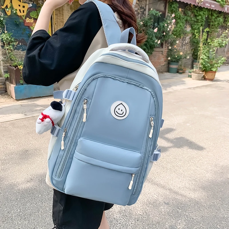 Fashion Trendy Splicing Color Students Large Capacity Schoolbag Simple Casual Ladies Outdoor Paired Nylon Cloth Travel Backpack