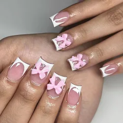 24Pcs Fashion White French Fake Nails with Pink Bow Design Short Square Head False Nails Wearable Simple Press on Nail Tips