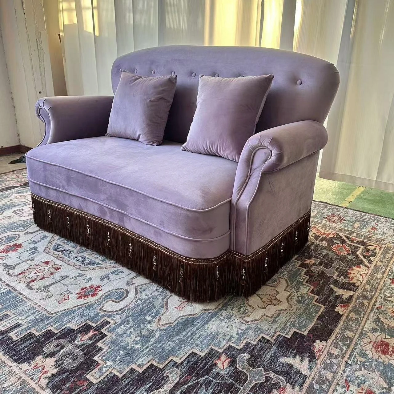 أريكة فرنسية مخملية كلاسيكية لثلاثة أشخاص، شقة صغيرة، غرفة معيشة أرجوانية، أريكة قماش بإبزيم أمريكي #4