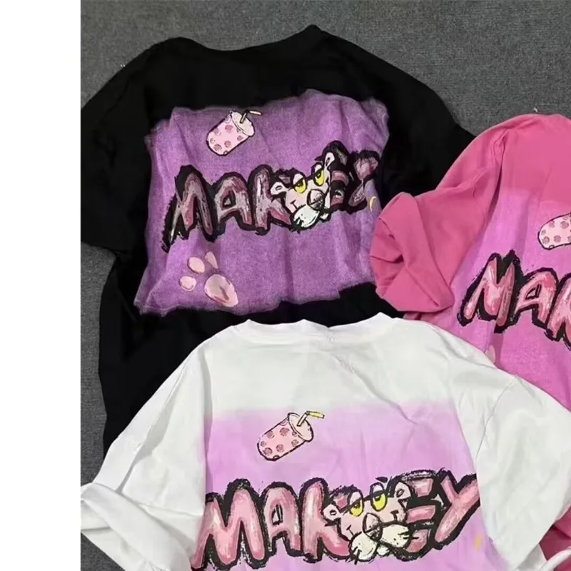 المتضخم الكرتون الأوروبي الوردي ليوبارد طباعة القطن الخالص س الرقبة قصيرة الأكمام التي شيرت الصيف جديد فضفاض المرأة ملابس خمر #3