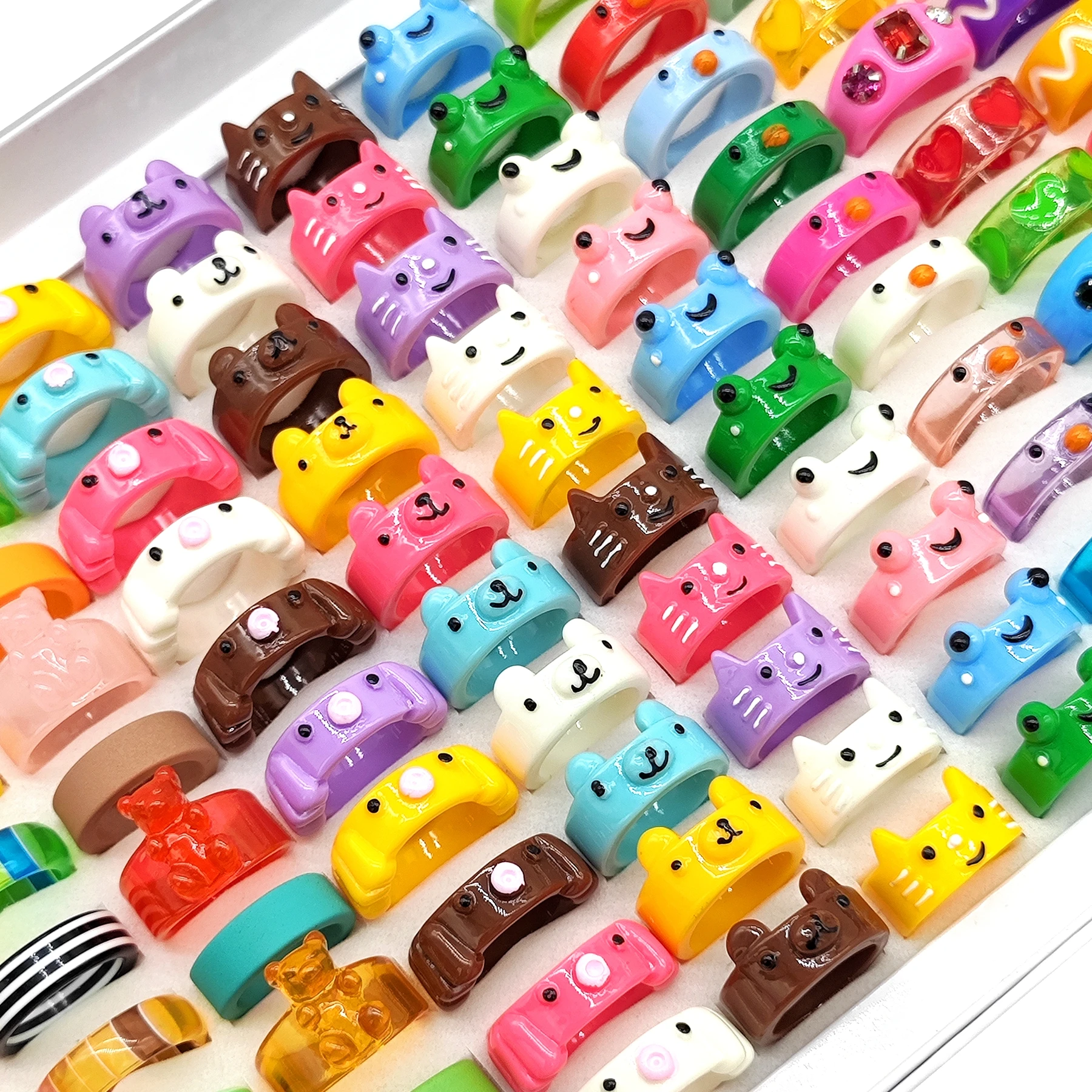 20pcs/Lot Mix Cute Animal Cartoon Crystal Resin Rings For Women Children Fashion Sweet Smile Cat Frog Charm Party Gift Jewelry