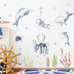 Cartoon Cute Ocean Animal Watercolor Nursery Stickers Removable Wall Decals Art Print Kids Boys Room Interior Home Decor