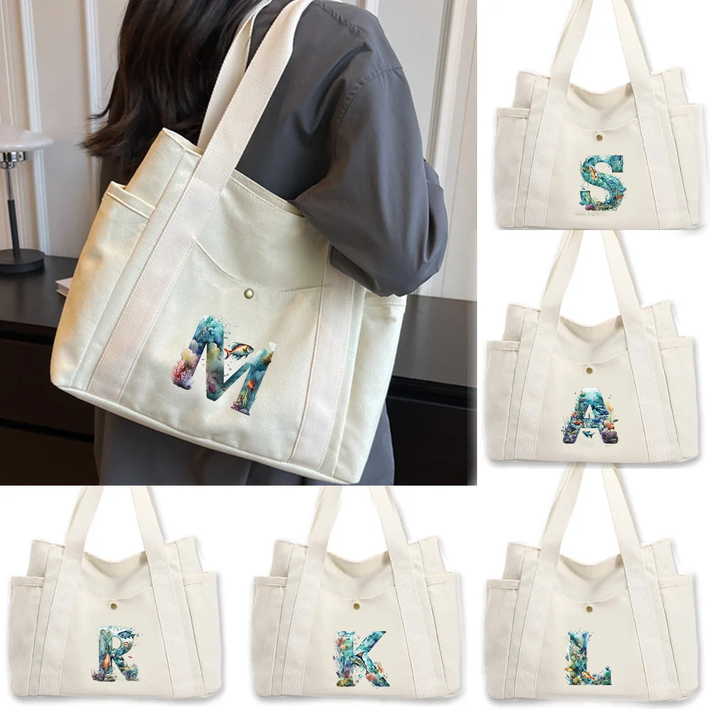 Single Shoulder Bag New Women's Canvas Single Shoulder Bags Outdoor Travel Work Commuting Items Storage Bags Fish Letter Series
