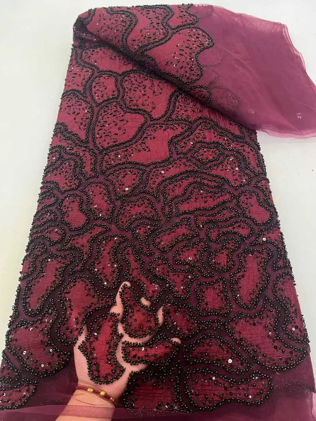 激安販売中！5ヤードのアフリカ製スパンコールビーズ付きレース、高品質刺繍入りフランス・ナイジェリア風チュールレース生地、ウェディングパーティードレス用