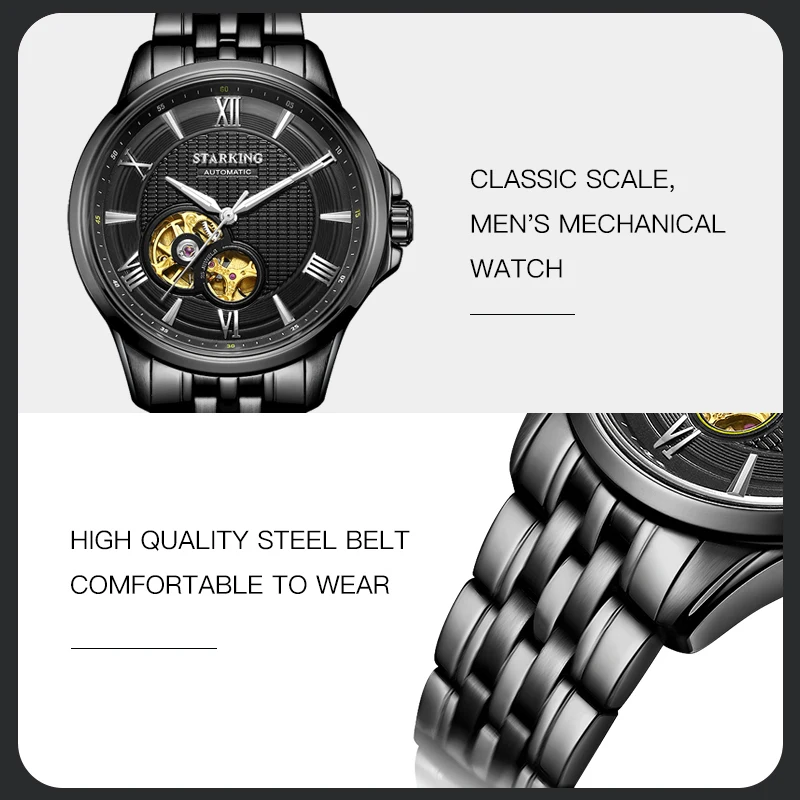 ساعة Starkin g AM0183 للرجال ساعة ميكانيكية سوداء أوتوماتيكية بسيطة مع حركة أصلية من زجاج الياقوت مقاومة للماء