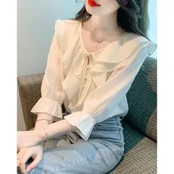 High Street Sweet Tie Up Ruffled Three Quarter Sleeved Women's Chiffon Shirt Summer Casual Commuting Temperament Top for Women