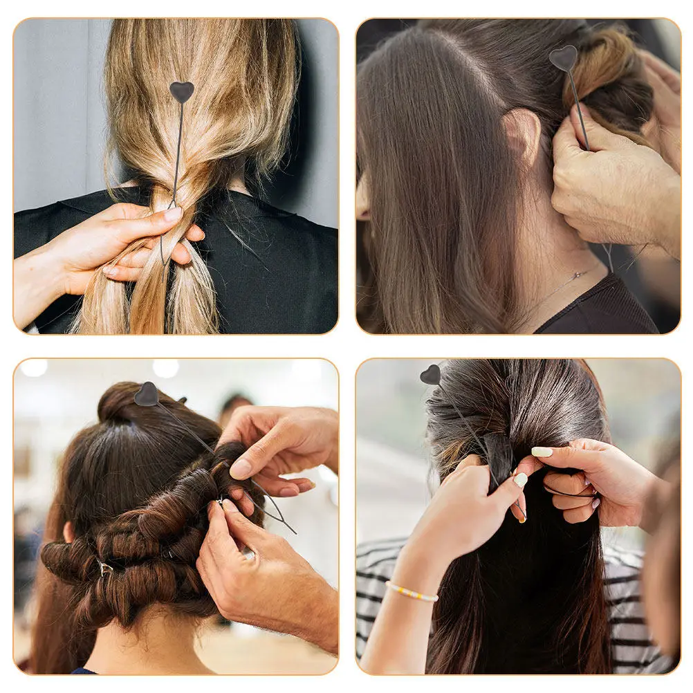 6Pcs Black Heart Hair Pull Through Styling Tool Quick Hair Beader Tool Braiding Accessories Ponytail Maker for Women