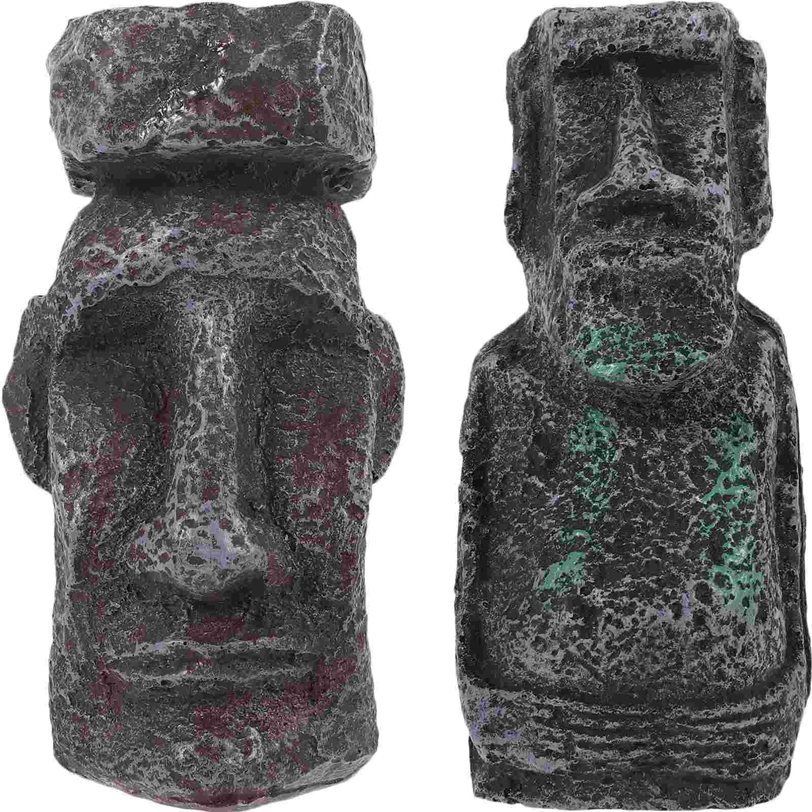 

2 Pcs Fish Tank Decorations Easter Island Statue Resin Moai Cute Desktop Model Outdoor Grey Craft Stone