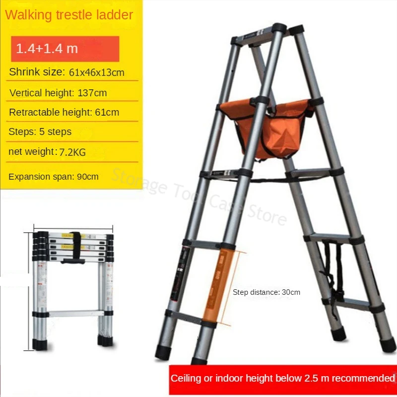 1.4M Stainless Steel Folding Herringbone Ladder Household Telescopic Ladders Scaffolding Ladder Foldable Engineering Stairs