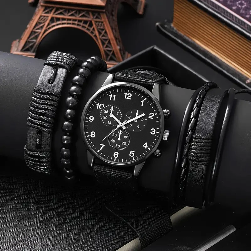 4-piece men's watch and accessories set, stylish and casual, featuring the latest trendy design, making it an ideal gift choice