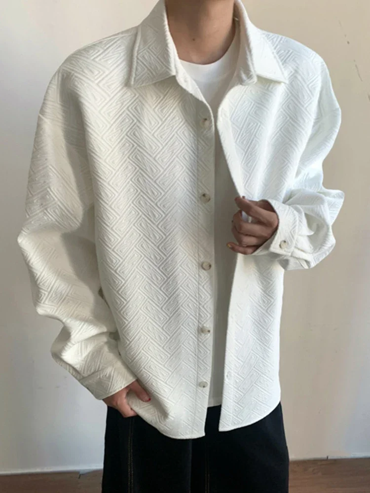 

Trendy Men's Jacquard Textured Shirt Tops Spring Autumn Outdoor Casual Buttoned Lapel Cardigans Men Stylish Solid Color Shirts