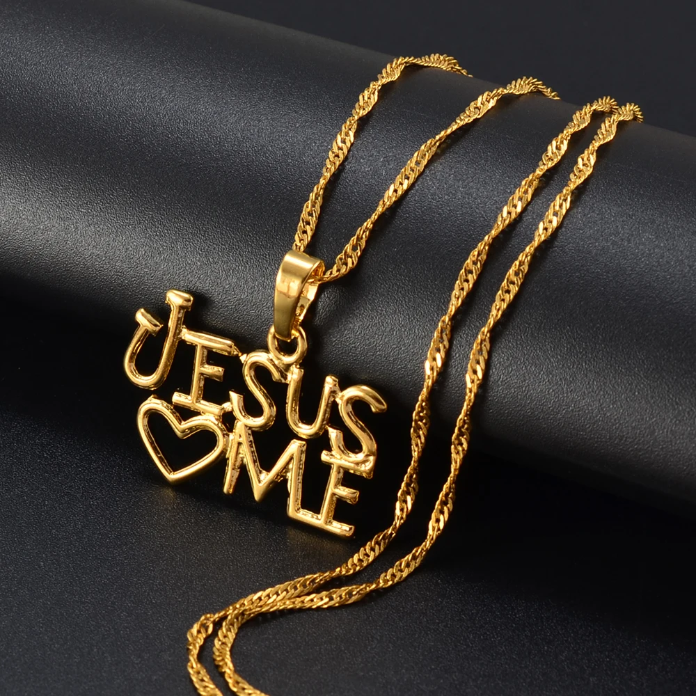 Anniyo Jesus Love Me Pendant and Necklaces for Women Great Jewelry Christ Savior Redeemer Deliverer Gold Color Chain @004610