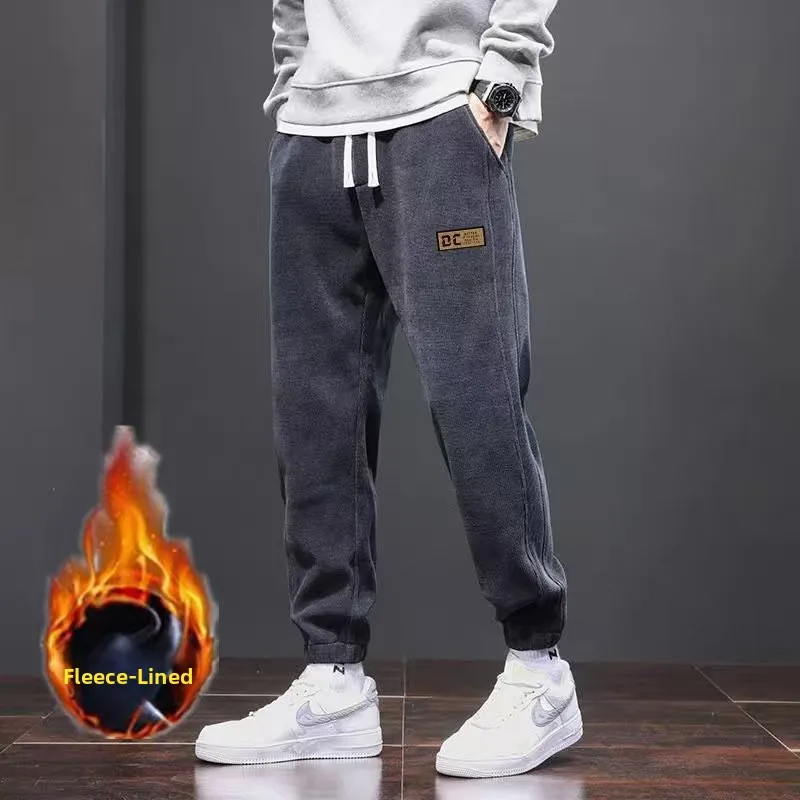 

Thiened Fce Men's Sweatpants Winter Warm Cuffed Casual Sports Trousers Polyester Fiber Low Waist Loose Fit Autumn Winter
