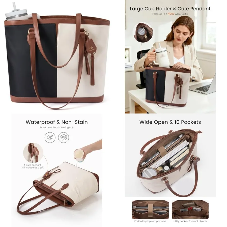 

Laptop Tote Bag for Women, Lightweight Work Tote with Cup Holder, Waterproof Large Computer Bag for Office Travel