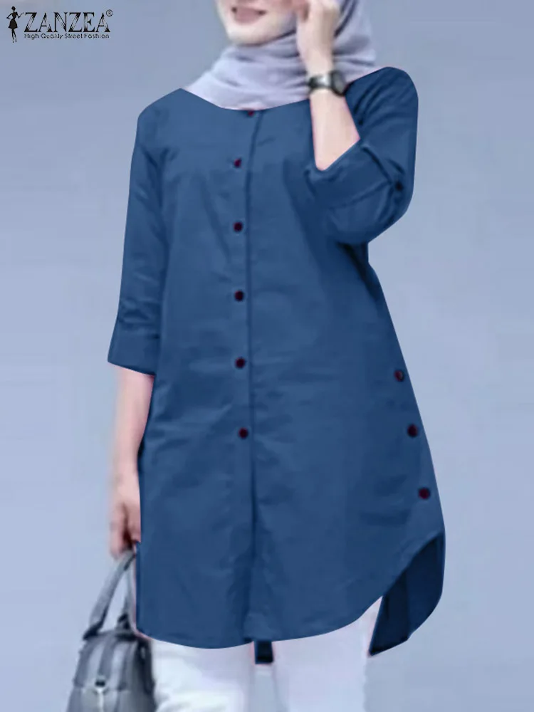 ZANZEA-Blusa Hijab Muçulmana para Mulheres, Manga Comprida, Tops com Pescoço O, Abaya Elegante, Turquia, Kaftan, Roupas Islâmicas, Moda Primavera