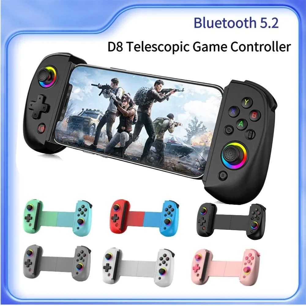 New D8 Telescopic Mobile Phone Gamepad RGB Light Bluetooth Wireless Controle Stretchable Joystick for Android iPhone Switch PS4