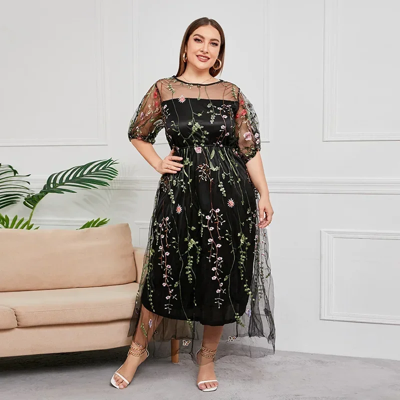 French Hepburn style oversized dress, women\'s mesh embroidered banquet party dress, 200 pounds to wear plus size women clothing