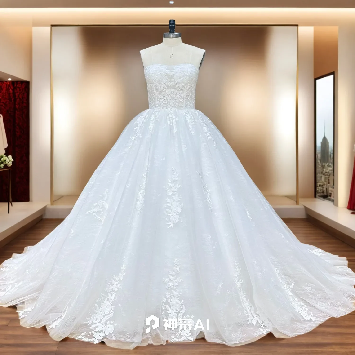 

Hire Lnyer Strapless Neck Appliques Lace Ball Gown Wedding Dresses Real Office Photos Video