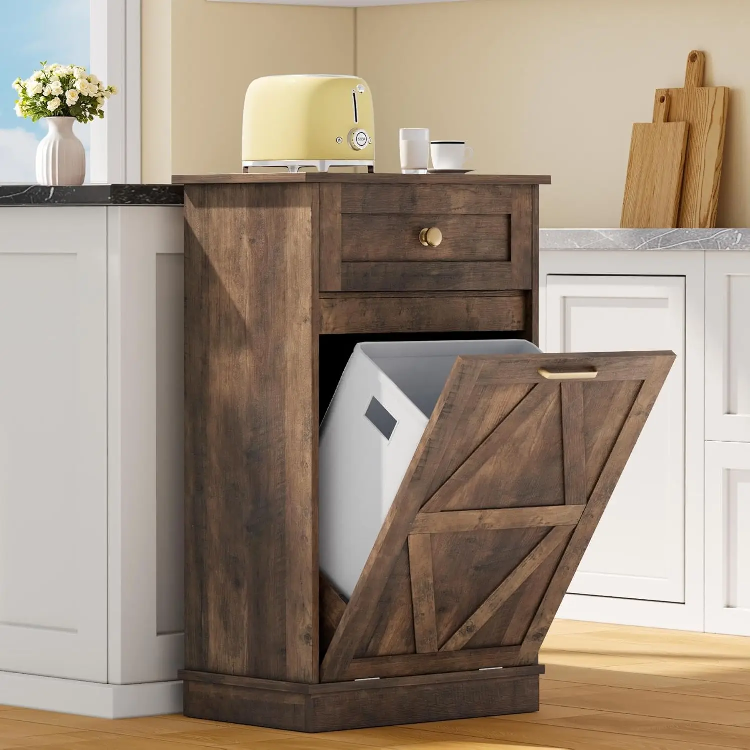 

Tilt Out Trash Cabinet,10 Gallon Hidden Wooden Bin Cabinets, Laundry Hamper with Drawers, for Kitchen, Dining Room(Dark Brown