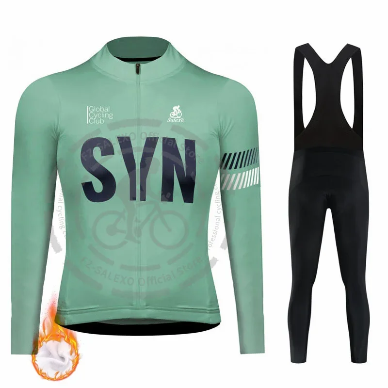 2025 SYN Winter Thermal Fleece Cycling Jersey Bib Pants Set Ropa Ciclismo Bicycle MTB Clothing Road Bike Suit Men Triathlon Set