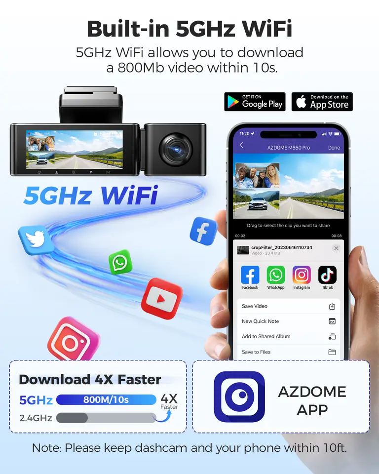 كاميرا داش AZDOME M550 Pro بدقة 4K، كاميرا أمامية للسيارة مع واي فاي 5.8 جيجاهرتز، GPS، مستشعر G، و6 مصابيح الأشعة تحت الحمراء للرؤية الليلية - 3